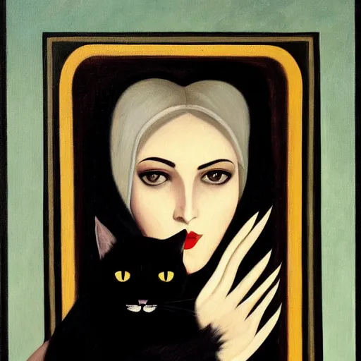 Image similar to a painting of a woman holding a black cat, an art deco painting by federico zandomeneghi, featured on deviantart, gothic art, pre - raphaelite, gothic, goth