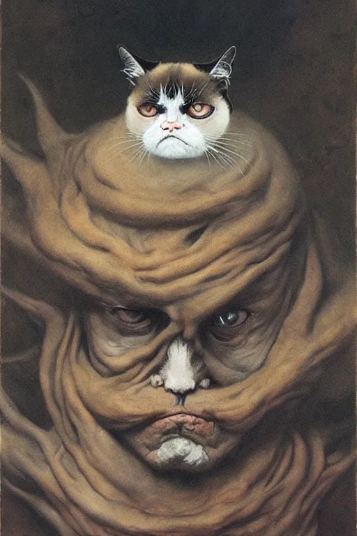 Image similar to portrait of grumpy cat in the style of wayne barlowe, gustav moreau, goward, bussiere, roberto ferri, santiago caruso, luis ricardo falero, austin osman spare