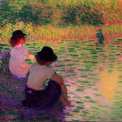 Image similar to girl with curly blonde hair sits next to her white pitbull, sitting on a riverbank watching the sunset, painting by monet