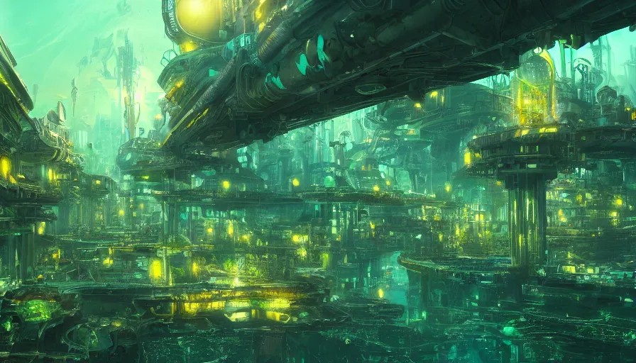 Prompt: Underwater city with a large luminous green alley and a dome on the horizon, some buildings around and highways, hyperdetailed, artstation, cgsociety, 8k