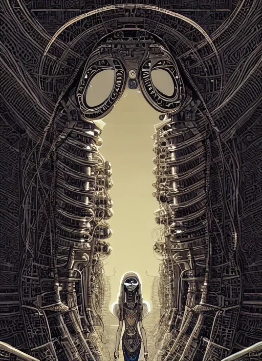 Prompt: highly detailed portrait of a robotoc cyborg long curly white hair egyptian tribal lady, stray wiring by atey ghailan, james gilleard, by joe fenton, by greg rutkowski, by greg tocchini, by kaethe butcher, 4 k resolution, gradient yellow, black and white color scheme!!! ( ( sandstorm robotic pyramid landscape background ) )