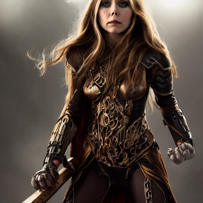 Prompt: full body photograph of elizabeth olsen as a stempunk warrior, Extremely detailed. 8k