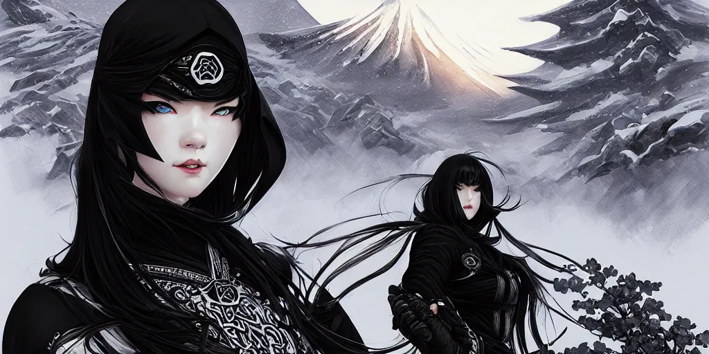 Image similar to portrait ninja gaiden girl, black plus white ninja wardrobe, at snowy fuji mountain sunrise, ssci - fi and fantasy, intricate and very very beautiful, detailed, digital painting, artstation, concept art, smooth and sharp focus, illustration, art by tian zi and wlop and alphonse mucha