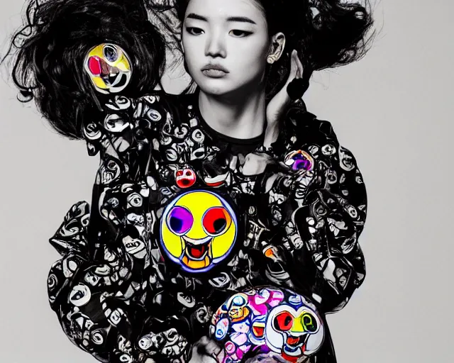 Image similar to extremely beautiful black marble statue in the style of takashi murakami, colorful motocross logos behind her, sharp focus, clear, detailed,, cinematic, detailed, off white, glamourous, symmetrical, vogue, editorial, fashion, magazine shoot, glossy