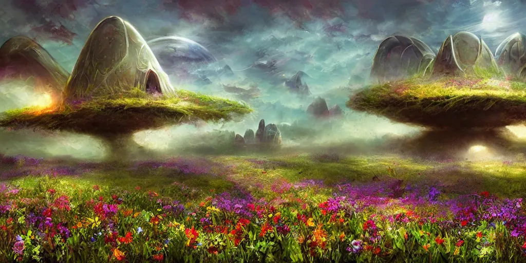 Prompt: fantasy landscape, the alien mothership landing in a field of flowers