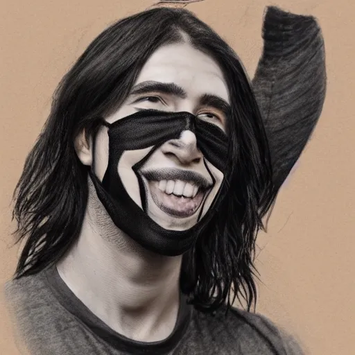 Prompt: professional pencil sketch of a young adult man with slightly long hair wearing a black face mask a black flannel shirt and black sweatpants, high quality, HD, 8K, highly detailed, award-winning