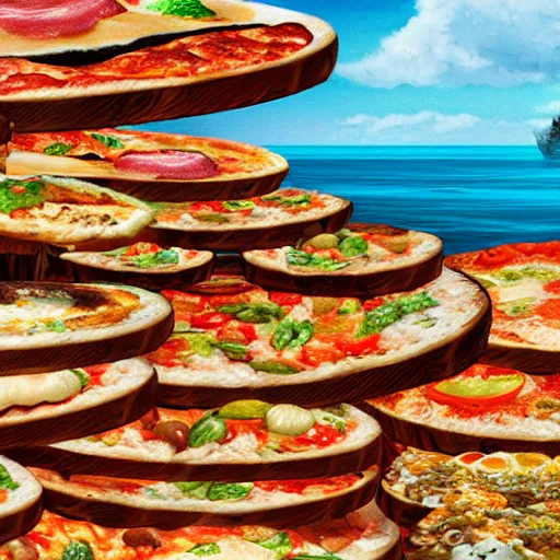 Prompt: sea of pizzas at lune, photorealistic illustration, detailed 4 k