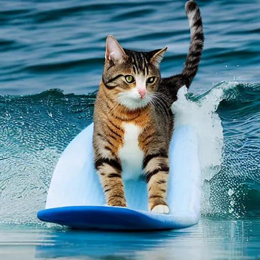 Image similar to a cat surfing a wave wearing a blue hat.