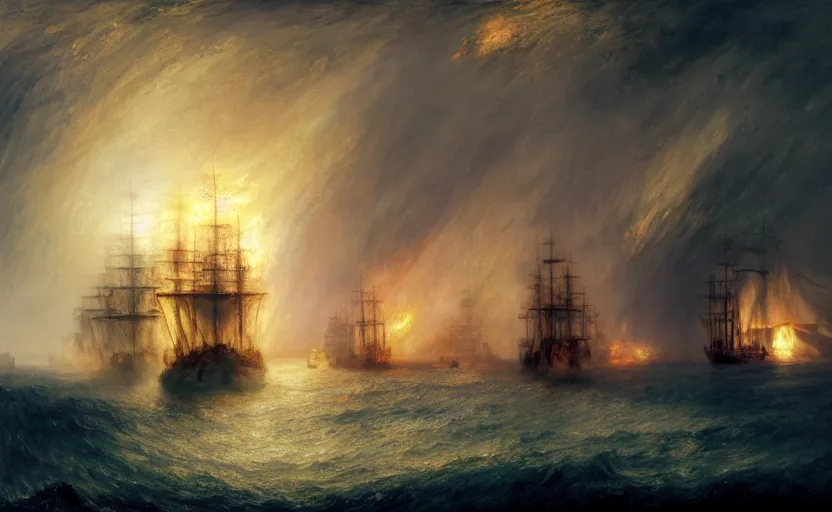 Image similar to epic naval battle, pirate galleons. by artstation trending, by joseph mallord william turner, luis royo, konstantin razumov, cinematic lighting, fractal flame, highly detailed