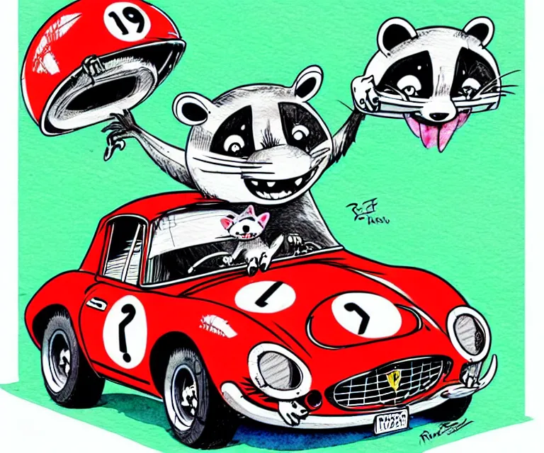 Image similar to cute and funny, racoon wearing a helmet riding in a tiny 1 9 6 2 ferrari 2 5 0 gto, ratfink style by ed roth, centered award winning watercolor pen illustration, isometric illustration by chihiro iwasaki, edited by range murata