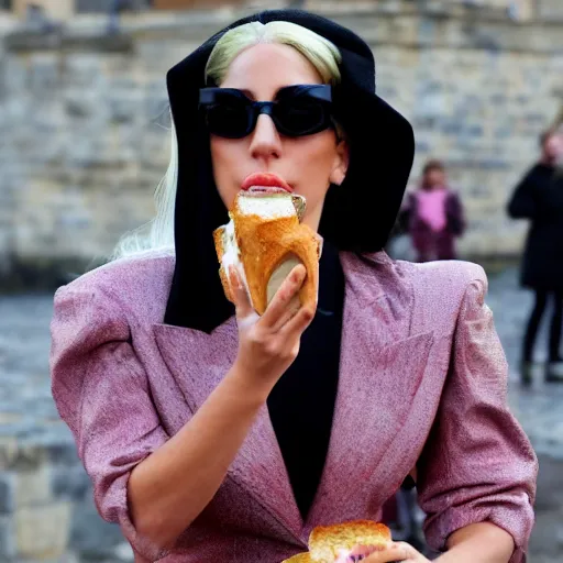 Prompt: Lady Gaga eating bread on Charles Bridge