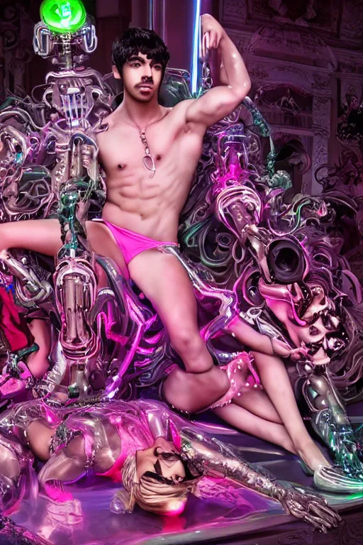 Image similar to full-body rococo and cyberpunk style neon statue of a muscular attractive Joe Jonas macho dotado e rico android sim roupa reclining con las piernas abertas e la piroca dura, glowing white laser eyes, prince crown of pink gears, diamonds, swirling silver-colored silk fabric. futuristic elements. full-length view. space robots. human skulls. intricate artwork by caravaggio. Trending on artstation, octane render, cinematic lighting from the right, hyper realism, octane render, 8k, depth of field, 3D