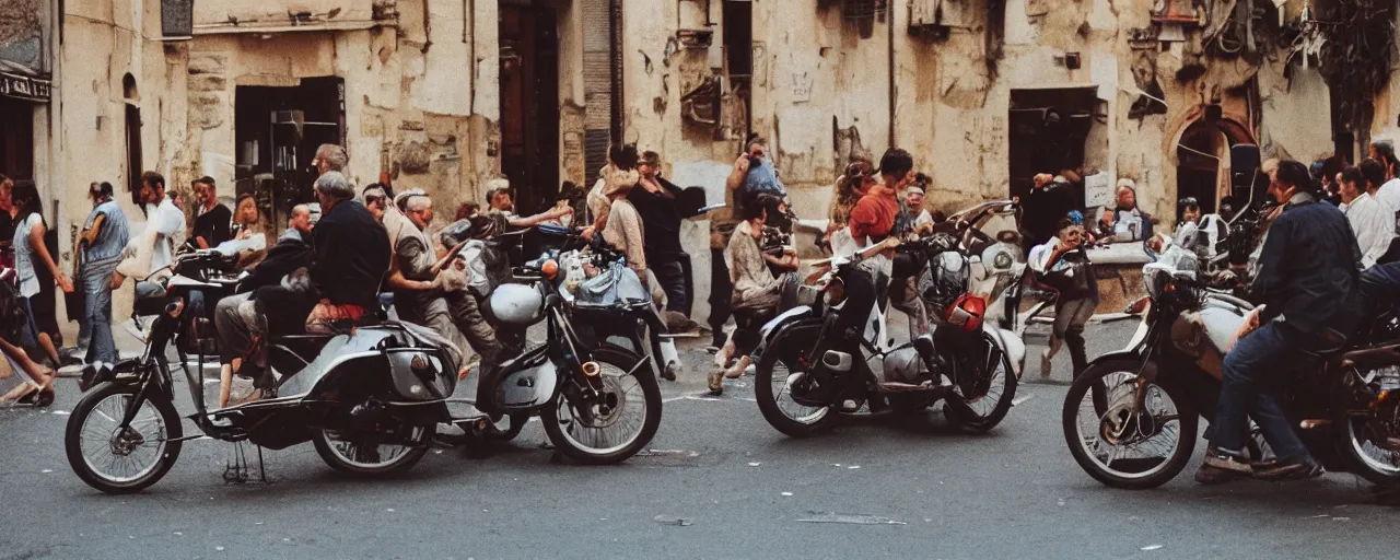 Image similar to a group of people on the streets of rome riding in a motorcycle made of spaghetti, canon 5 0 mm, cinematic lighting, photography, retro, film, kodachrome