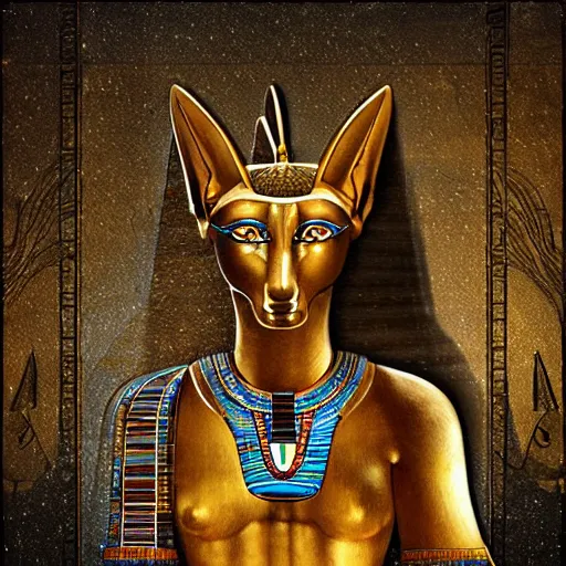 Prompt: anubis, egyptian art, lying in bed, with eyes closed, sparkles all around, fantasy digital art, wow, stunning, hight quality