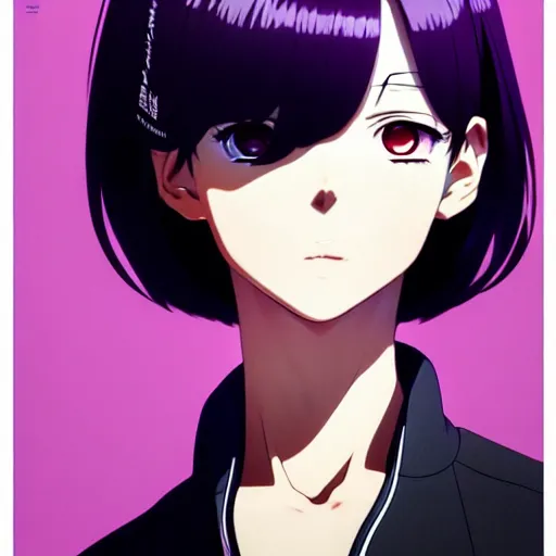 Image similar to anime poster film still portrait, black young woman, large, purple eyes!!!, white french bob, bomber jacket, detailed facial features, dynamic pose, cute face by ilya kuvshinov, yoh yoshinari, makoto shinkai, rimlight, cel shaded, 4 k