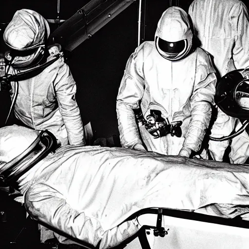 Prompt: dismantled alien on a gurney in hanger with people in hazmat suits standing around, grainy, vintage photo, sepia, old photo, realistic, detailed,