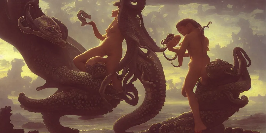 Image similar to Fantasy fairytale story, Great Leviathan Turtle, cephalopod, Cthulhu Squid, Mysterious Island, center Universe, accompany hybrid, Mystical, Anubis Warrior Boy, Reptilian Cyborg, Atlantean, intense fantasy atmospheric lighting, hyperrealistic, William-Adolphe Bouguereau, François Boucher, Jessica Rossier, Michael Cheval, michael whelan, Cozy, hot springs hidden Cave, Forest, candlelight, natural light, lush plants and flowers, Spectacular Mountains, bright clouds, luminous stellar sky, outer worlds, Golden dapple lighting, Solar Flare Unreal Engine, HD,