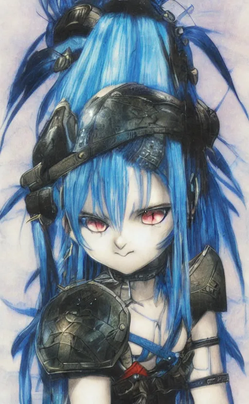 Image similar to little angry girl with blue hair, warrior dress, by Yoshitaka Amano