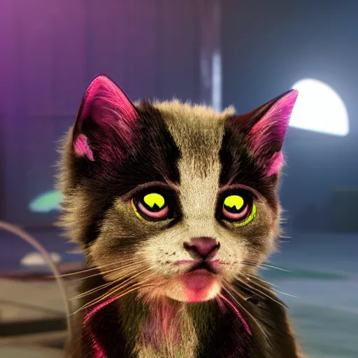 Prompt: iridescent kittens cyperpunk 2 0 7 7, unreal engine 5, 8 k ultra realistic, hyperdetailed, volumetric lighting, extremely high quality - 9