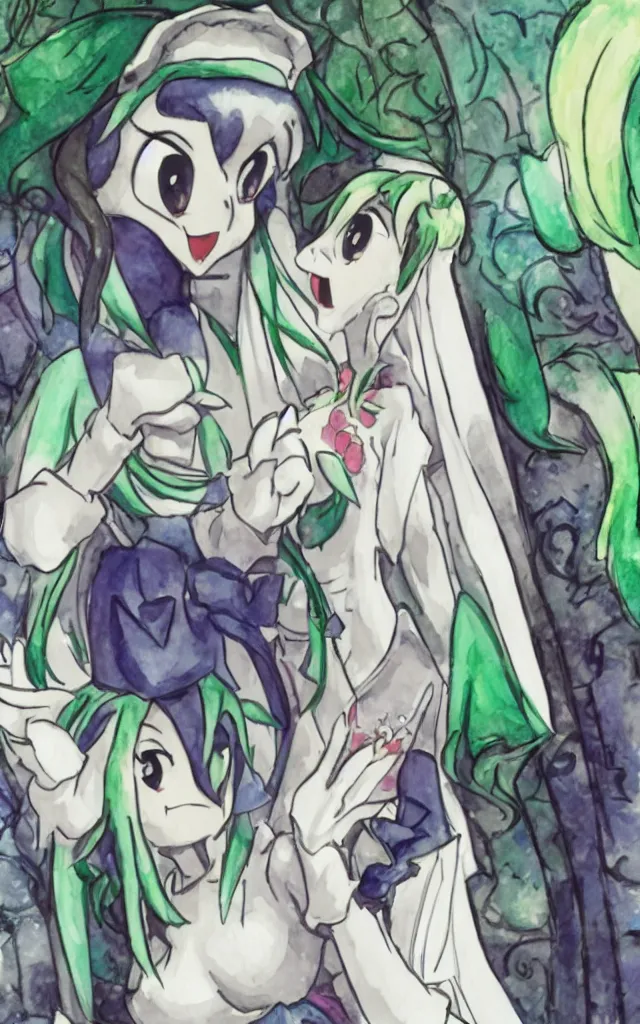 Prompt: jester getting married to my Gardevoir anime waifu, anime beautiful scene in a church, high quality upload, watercolour painted background, wedding, highly rated anime animation