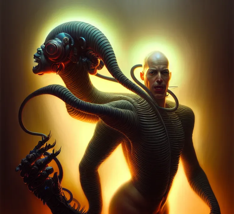 Image similar to a self portrait of you, very detailed, dramatic lighting, electrical details, high details, 4 k, 8 k, trending on artstation, by boris vallejo, greg rutkowski, wayne barlowe, hajime sorayama and peter mohrbacher