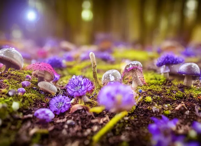 Prompt: a fantasy forest on an alien planet with delicate flowers and mushrooms that glow in the dusk, macro close up, f32, bokeh,