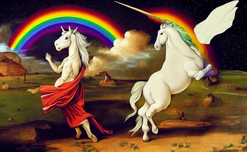 Prompt: a lonely unicorn walking on a rainbow in the universe in the style of Caravaggio, digital art, high quality, highly detailed, high coherence, anatomically correct, Caravaggio, concept art, marterpiece