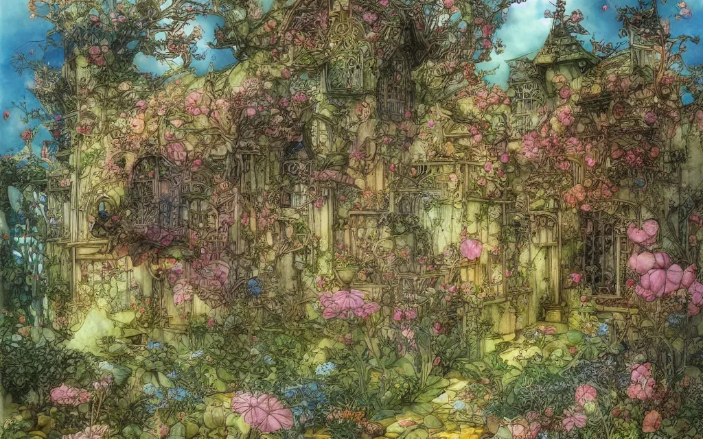 Prompt: a beautiful house in a garden, brian froud, yoshitaka amano, kim keever, victo ngai, james jean. bright colors. shin - hanga