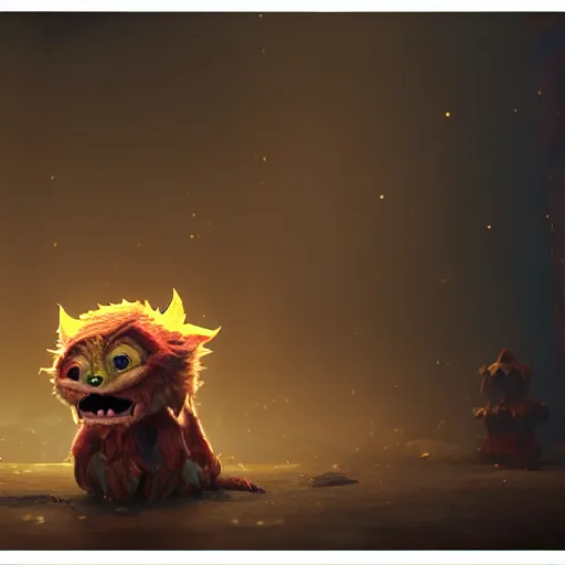 Image similar to full body pose, hyperrealistic photograph of a cute fuzzy goblin monster, dim volumetric lighting, 8 k, octane beautifully detailed render, extremely hyper detailed, intricate, epic composition, cinematic lighting, masterpiece, trending on artstation, very very detailed, stunning, hdr, smooth, sharp focus, high resolution, award, winning photo, dslr, 5 0 mm