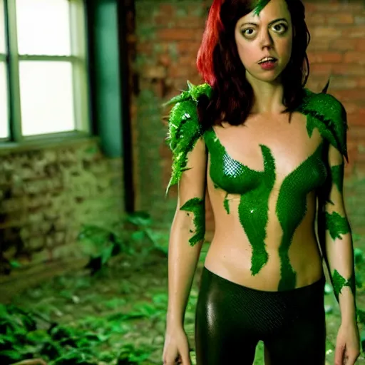 Image similar to film still of !!Aubrey Plaza!! as Poison Ivy, !!lizard skin!!, !!!green skin!!!, 4k