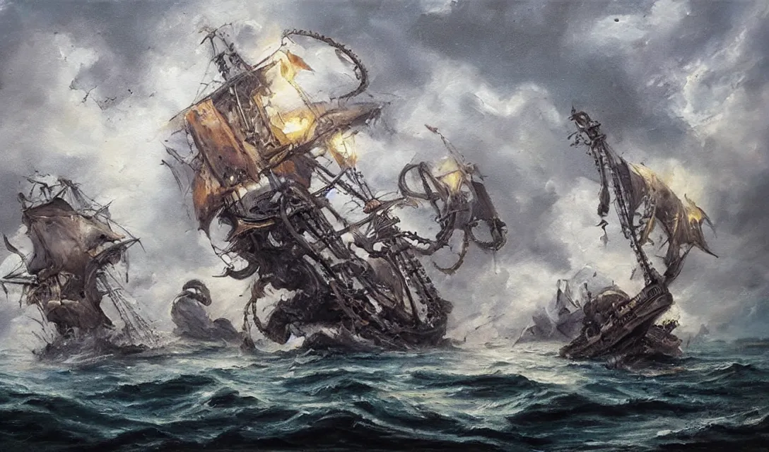 Image similar to oil painting of a kraken attacking a pirate ship