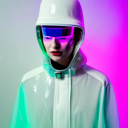 Image similar to an ultra high definition professional studio quality photograph of an artificial celebrity cyberpunk pop star wearing a transparent iridescent perspex pastel coloured face visor and matching raincoat on white coat hook in an empty white room. dramatic lighting. volumetric shadows. light rays