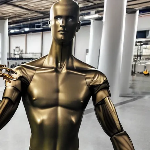 Image similar to a realistic detailed photo of a guy who is an attractive humanoid who is half robot and half humanoid, who is a male android, soccer players timo werner, shiny skin, posing like a statue, blank stare, in a factory, on display, showing off his muscles, gold soccer shorts, side view