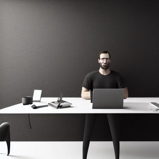 Prompt: a man sitting at a desk. he is leaned forward and his head is submerged into his laptop screen, obscuring it from view. cgi rendering. octane render. stylized. cartoony. photorealistic textures. dark background.