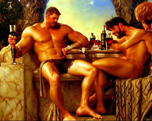 Prompt: ares drinks wine with hercules, painting by gaston bussiere, craig mullins, j. c. leyendecker, tom of finland