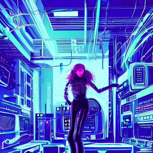 Prompt: a young punk woman lost in a cyberpunk noir glitchcore world of wires, and machines,, with music being pumped directly into her head