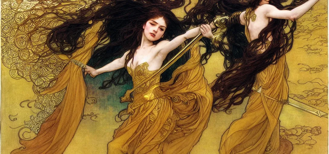Prompt: a dual wielding golden swordsman leans back as he dances elegantly in the wind, his robes and long hair flowing in the breeze, his enemies lying on the ground below, fantasy, Mucha, MTG, Game of Thrones, salsa dancing, Rossetti, Millais