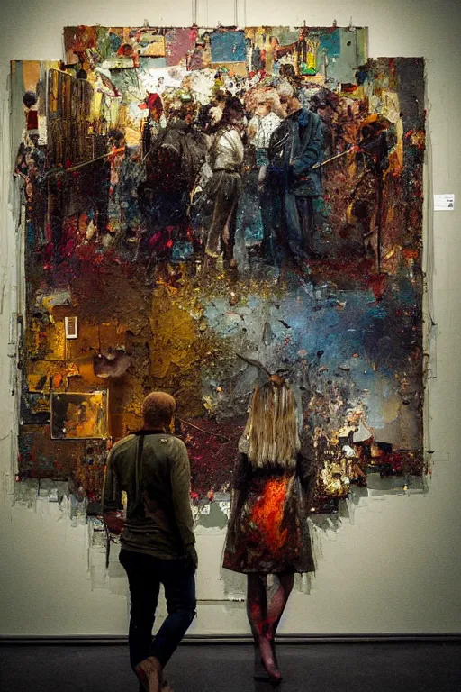 Image similar to a beautiful glitched painting by robert proch of people in front of a painting in a museum gallery, metal rust and plaster materials, pixel sorting, color bleeding, brushstrokes by jeremy mann, still life, dark colors