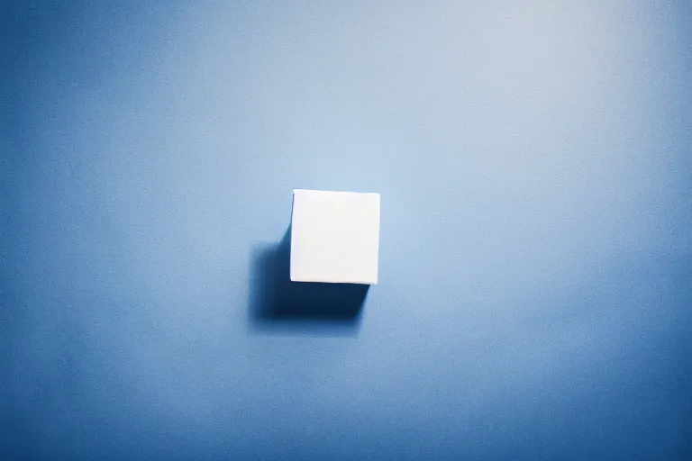 Prompt: single blue cube on white studio floor, soft light