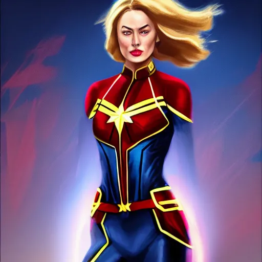 Image similar to captain marvel fashion, gucci catwalk, oil painting, digital art, ultradetailed, artstation