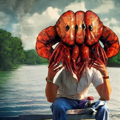 Image similar to Tom Hanks as forrest gump with giant shrimp heads instead of hands, digital art, photoreailstic, amazing detail