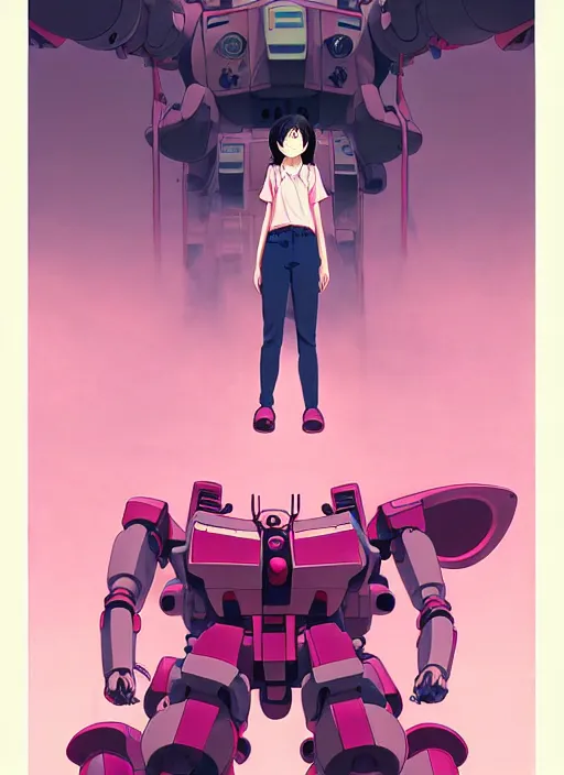 Image similar to Artwork by James Jean, Phil noto and hiyao Miyazaki; a young Japanese future samurai police girl named Yoshimi battles an enormous looming evil natured carnivorous pink gundam robot on the streets of Tokyo; Japanese shops and neon signage; crowds of people running; Art work by studio ghibli, Phil noto and James Jean