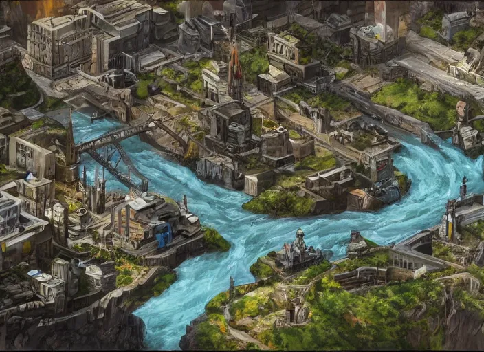 Image similar to wide shot, establishing shot of a modern day dungeons and dragons city with a river going through it, trending on artstation,