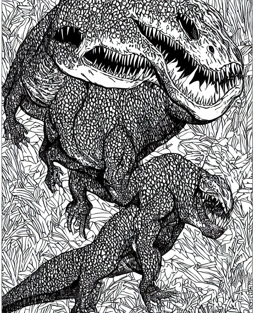 Image similar to tyrannosaurus rex walking around the countryside, symmetrical, accurate, simple clean black lines, black and white, white background and fill, coloring book, comic book, graphic art, line art, vector art, by martina matteucci, pavel shvedov, peter lundqvist, diane ramic, christina kritkou, artstation