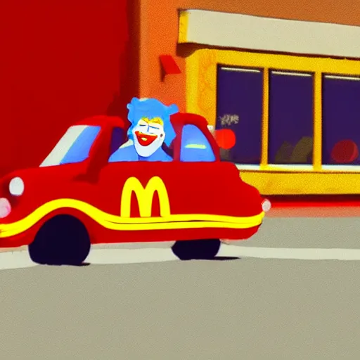 Prompt: Ronald McDonald driving through the Ghetto in his little clown car. Digital art. MC Donalds commercial style