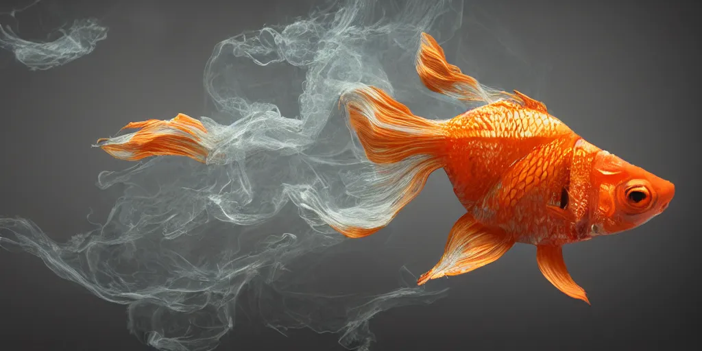 Prompt: a beautifull intricate cute 3 d goldfish made of smoke, unreal engine, wide shot, by octane render by, ellen jewett