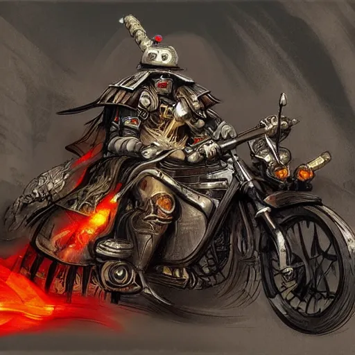 Prompt: cool samurai riding motorcycle through the gates of hell, video game concept art