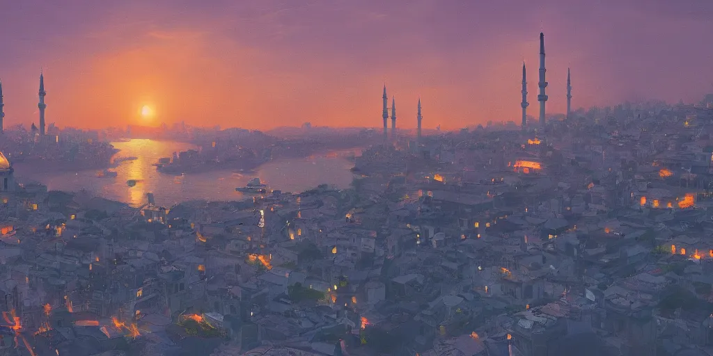 Image similar to Half-futuristic half-traditional version of the city of Istanbul during a sunset on a clear day, tonalism style, trending on Artstation, 8k, 4k, high-res, digital art