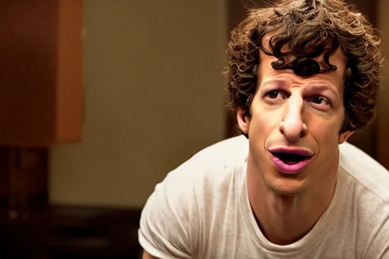 Prompt: a cinematic still of ((andy samberg)) astonished, masterpiece