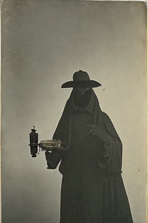Prompt: 1800s photograph of a plague doctor holding a lantern,